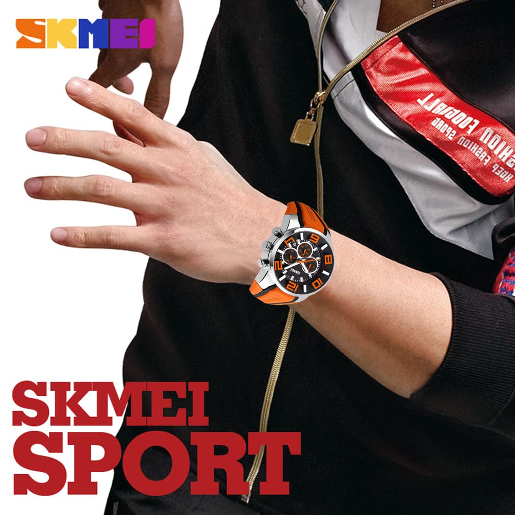 Силиконовые модные повседневные спортивные часы с большим циферблатом, водонепроницаемые, хронограф, аналоговые, мужские часы с датой, флуоресцентные, роскошные, настоящие, оранжевые часы