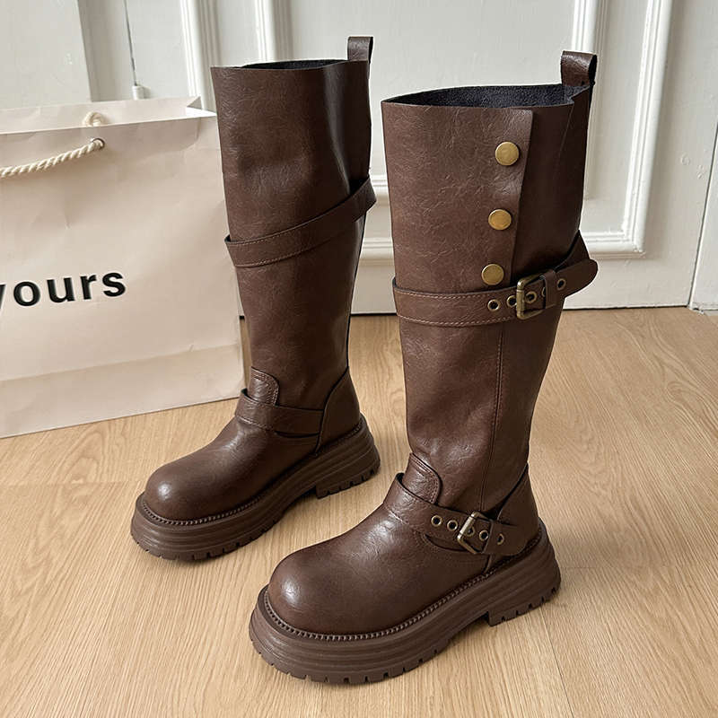 Черные ретро ботинки на толстом каблуке и платформе в британском стиле женские 2025 новая осень, но рыцарские ботфорты до колена