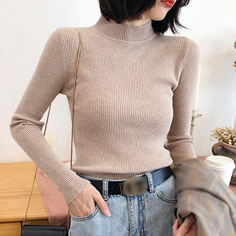 Осенний повседневный вязаный свитер, женский пуловер с полуводолазкой и длинными рукавами, свитера, женский джемпер с однотонным низом, топы 27972