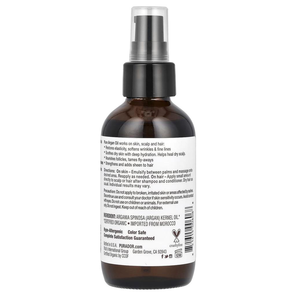 Pura D'or Organic Argan Oil, 118Ml(4Fl Oz)