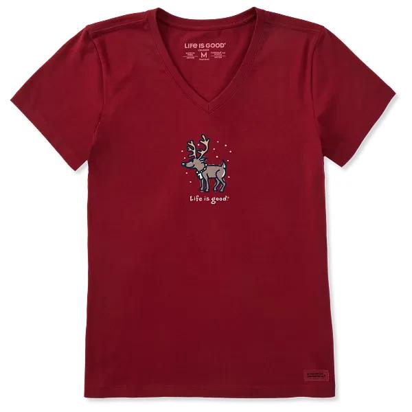 Life is Good. Women's Snowy Reindeer Short Sleeve Crusher Vee, Adirondack Red