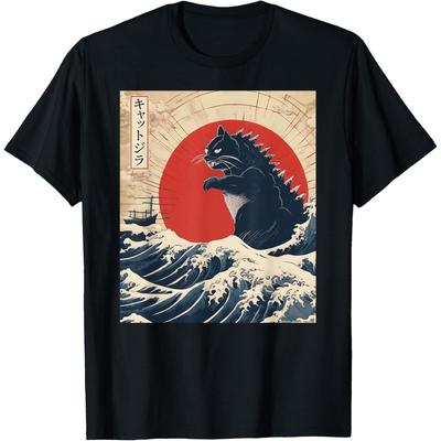 Funny Cat Kaiju Japanese Sunset Vintage Catzilla Great Wave T Shirt