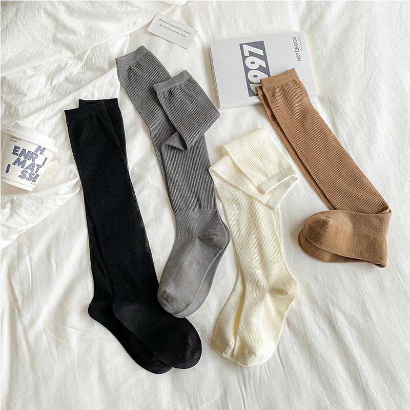 Female Spring and Autumn Pure Color Simple College Style All Build Sweet Long Leg Socks