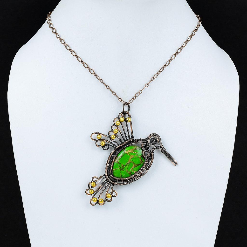 Медный Зеленый Бирюзовый Кулон Медная Проволока Обернутый Кулон Ювелирные Изделия Ручной Работы Из Драгоценных Камней Птица Дизайн Кулон Подарок Для Нее Антикварные Медные Ювелирные Изделия
