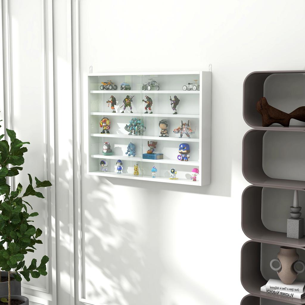 Wall-mounted display case with 4 adjustable shelves. Made of glass and wood. 80x9.5x60cm. White