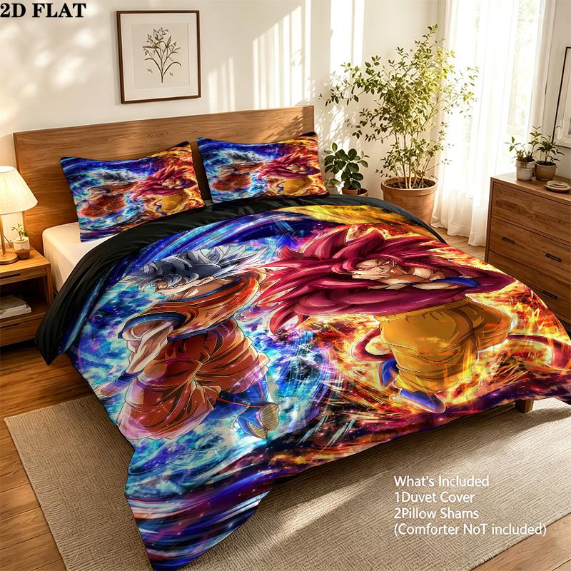 Dragon Ball Super Pattern Bedding Quilt Set Quilt Cover Pillowcase Home Birthday Gift(1 * duvet cover + 2 * pillowcase, without core)