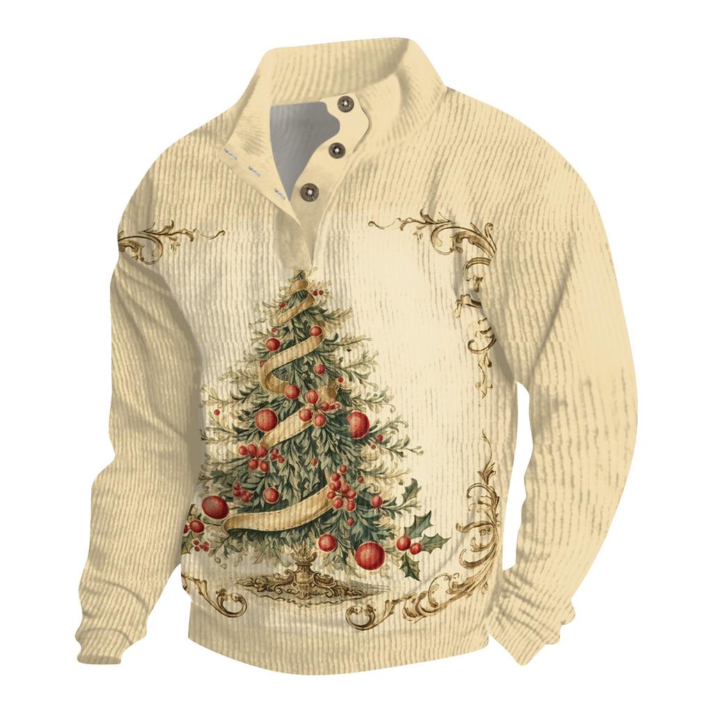 Мужская рождественская хлопковая рубашка-пуловер с длинным рукавом для активного отдыха, винтажная вельветовая рубашка с воротником-стойкой и пуговицами, повседневная толстовка с рождественским принтом
