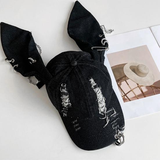 Темная джинсовая бейсболка в стиле панк, регулируемая джинсовая кепка с потертым дизайном и металлическими кольцами, 3D-уши кролика, уличный аксессуар