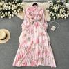Women Fashion Vintage Elegant Stand Neck High Waist Slim A-line Print Ruffle Edge Chiffon Dress Spring Party Vacation Pleat Robe
