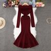 Autumn Spring Women Elegant Sexy Off Shoulder Knitted Sweater Slim Bodycon Mermaid Fishtail Dresses