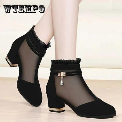 Женская обувь в сетку на высоком каблуке, короткие женские ботинки на толстом каблуке, черные туфли на одинарной платформе