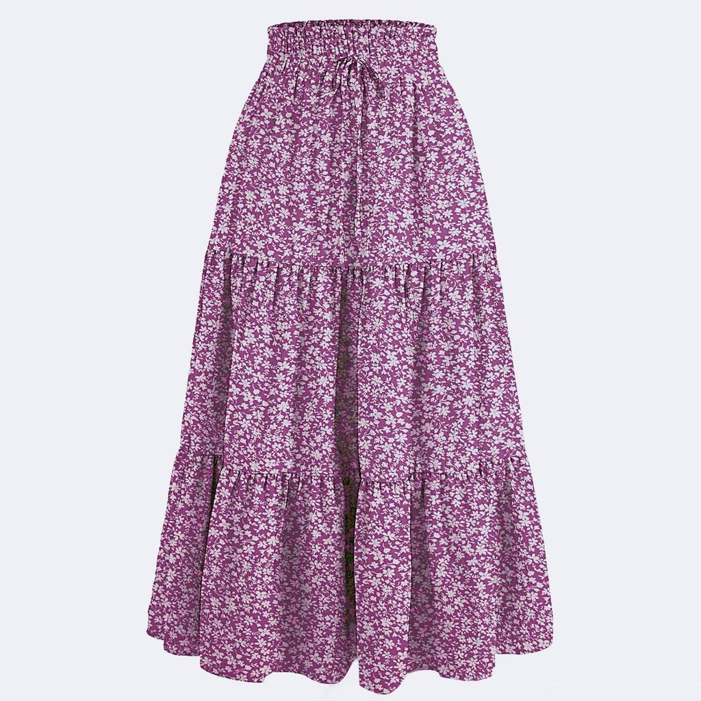 Women's Fashion Solid Color Floral Drawstring Elastic Waist Loose Long Skirt