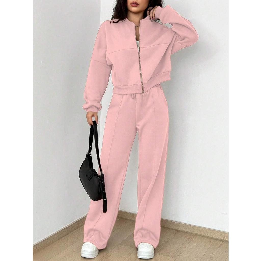 Autumn Solid Color Zipper Casual Sports Long Sleeved Top with Drawstring Casual Pants Two-piece Set