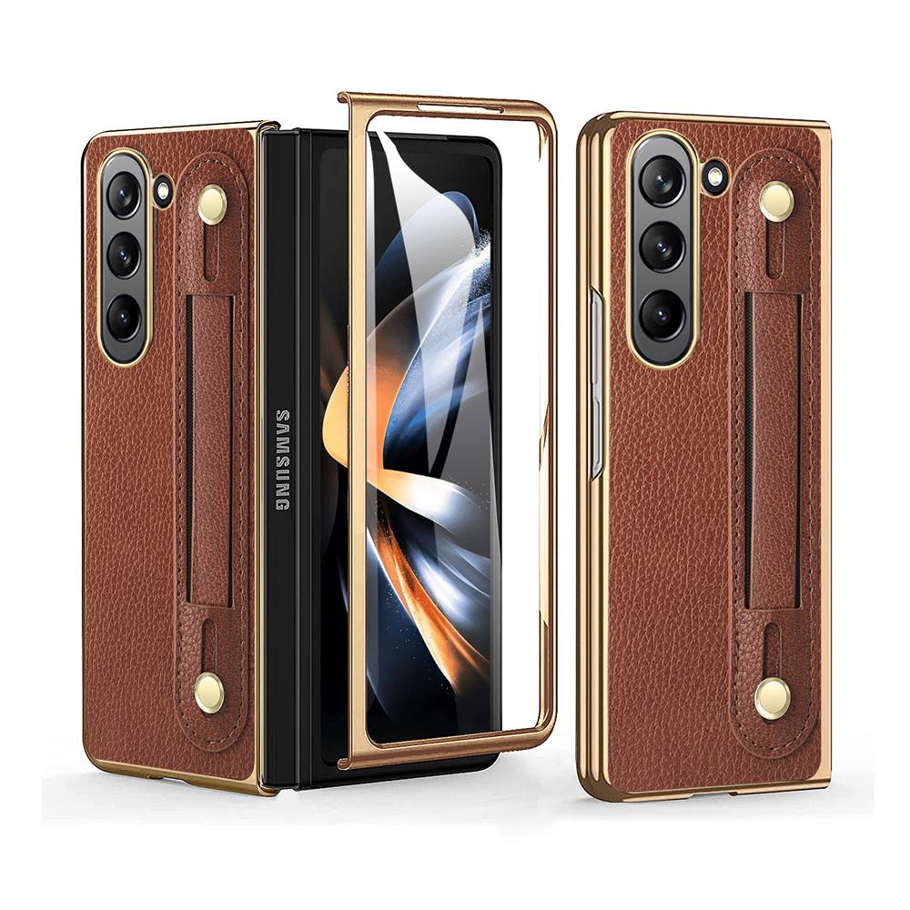 Удобный кожаный чехол в деловом стиле для Samsung Galaxy Z Fold 5 5G Z Fold4 3 2, защитная пленка для экрана, браслет, чехол