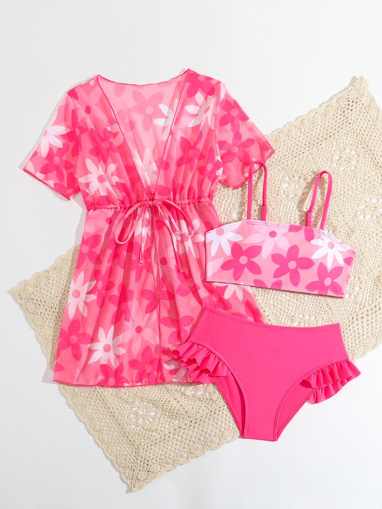 Модный комплект из 3 предметов для девочек, топ с цветочным принтом, однотонный купальник с короткими рукавами, купальный костюм