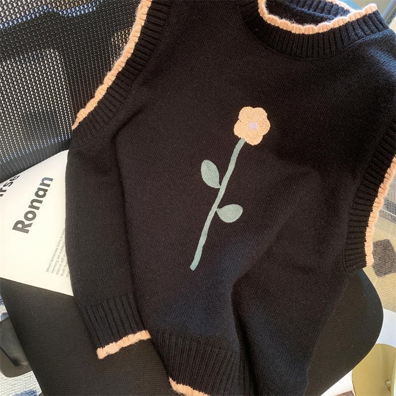 Маленький жилет с вышивкой свежих цветов в стиле ретро для женщин, весна и осень 2023, универсальный свободный вязаный жилет, свитер, пуловер, женский