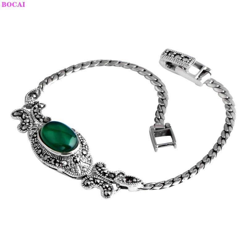 100% стерлингового серебра 925 пробы в стиле ретро зеленый халцедон марказит бабочка чистый аргентум овальный драгоценный камень цепочка на руку для женщин