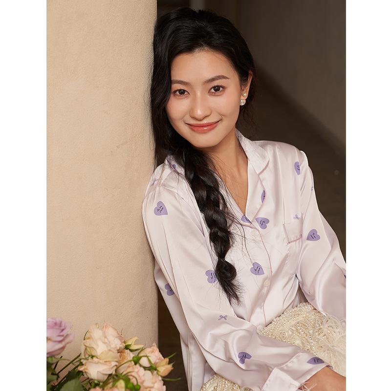 Jiangnan He 1011 new pajamas women's spring and summer printing love ice silk long-sleeved trousers loungewear set