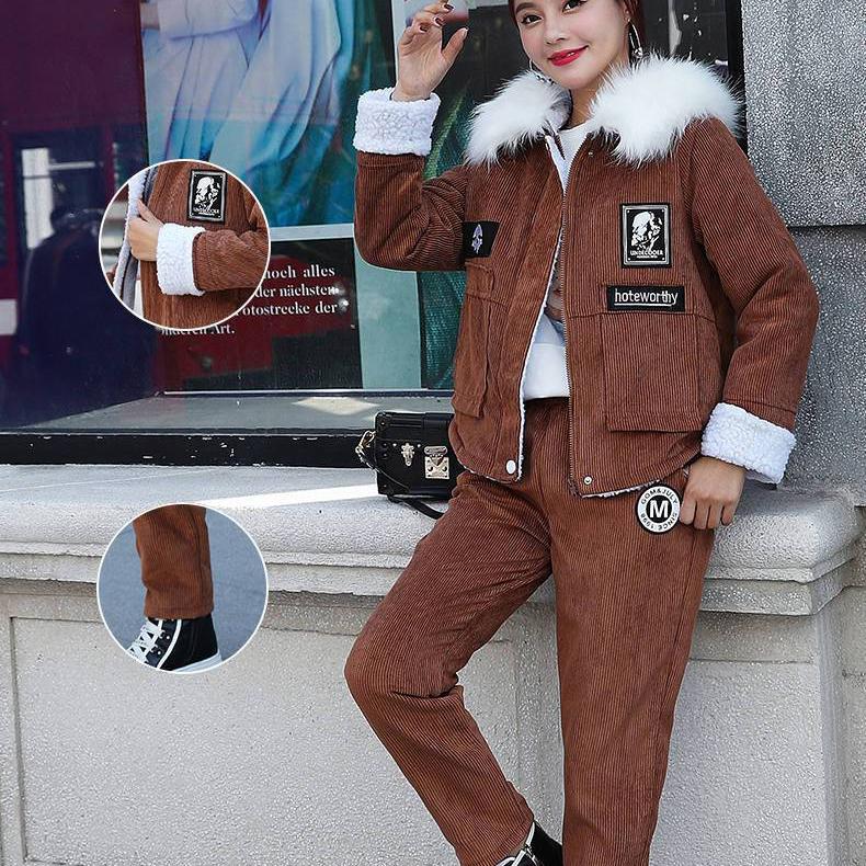 Женский зимний костюм, осенняя студенческая вельветовая куртка из овечьей шерсти, бархатный утолщенный повседневный комплект из двух предметов с капюшоном, пальто