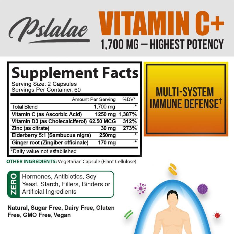 Pslalae - 1,700 mg Vitamin C Complex Capsules - Respiratory and Immune System Health
