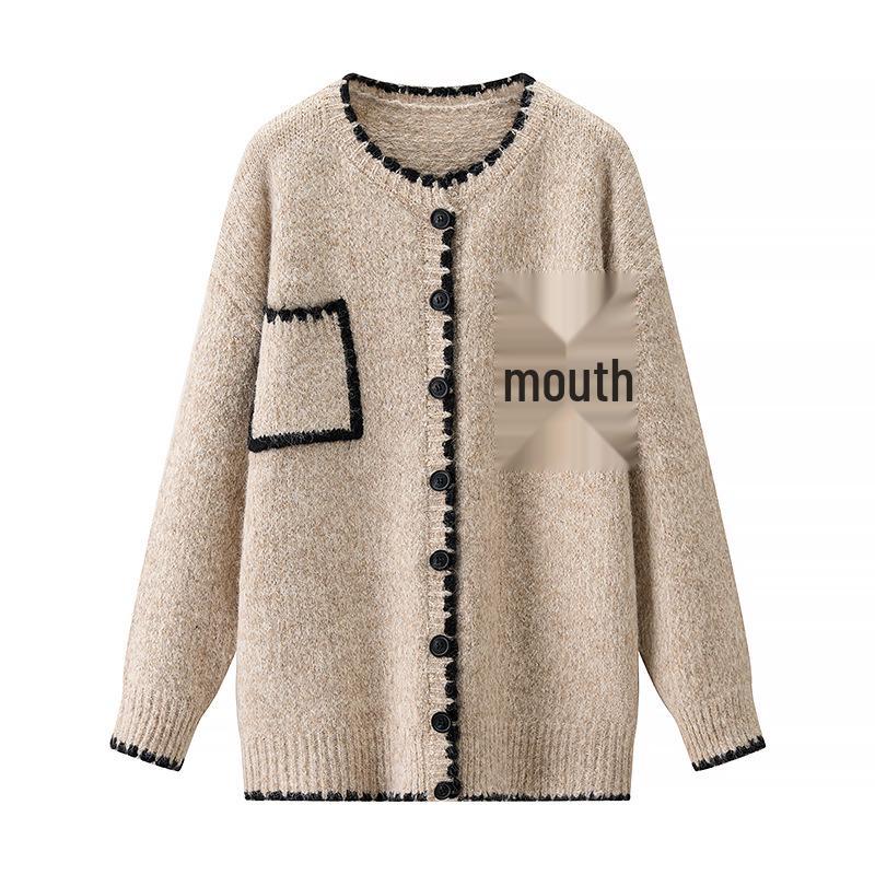 Women's Casual Retro Color-Block Pocket Cardigan Sweater, Autumn/Winter Korean Lazy Style Knitwear
