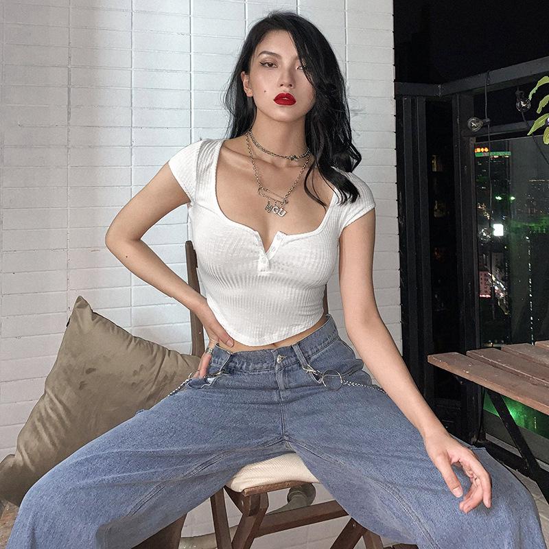 Европейский и американский стиль горячей девушки однотонный кроп-топ: Сексуальная футболка с коротким рукавом для женщин - Универсальная для весны и лета