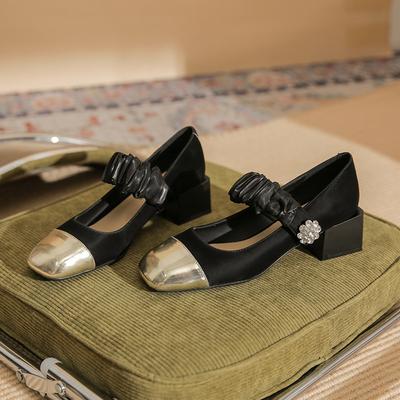 53302 [овчина] туфли на высоком каблуке женские 2025 осень новая расцветка Мэри Джейн толстый каблук туфли с вырезами и стразами