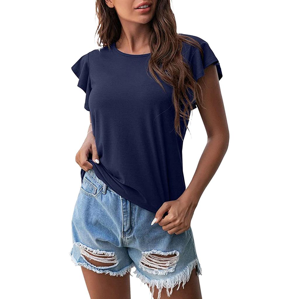 Женская мода с круглым вырезом и рюшами с коротким рукавом, однотонная повседневная футболка