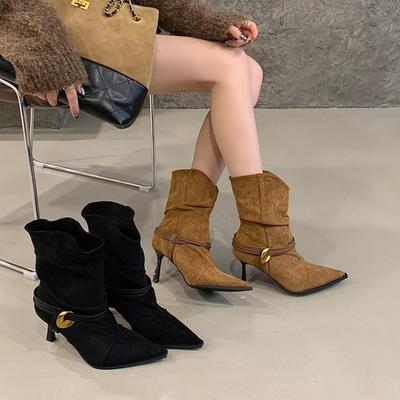Европейский и американский стиль новые замшевые плиссированные сапоги-чулки на высоком каблуке с острым носком, ремешок с металлической пряжкой, модные женские сапоги на одной педали, короткие сапоги