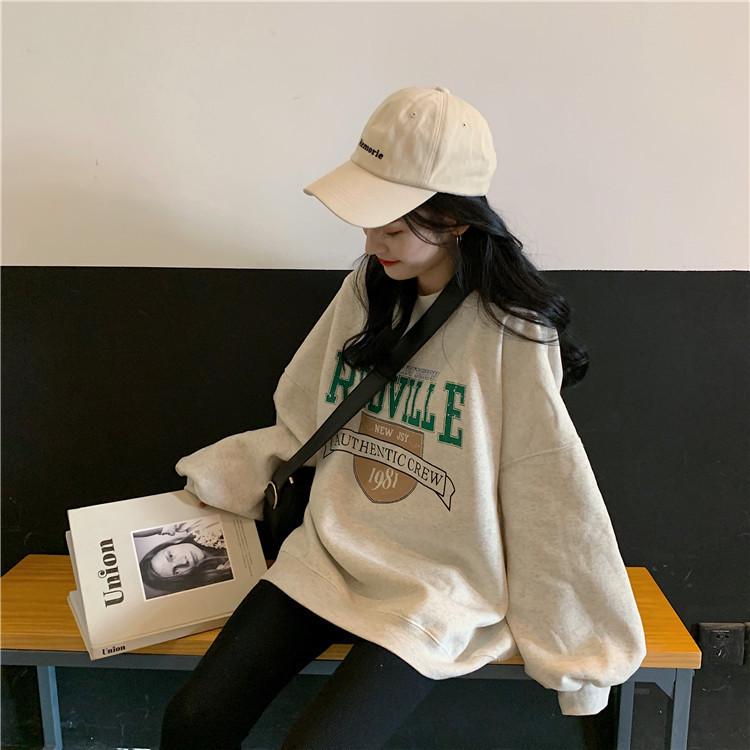Трендовый женский свитшот свободного кроя с круглым вырезом и длинным рукавом на осень 2025 года - Студенческая верхняя одежда в корейском стиле