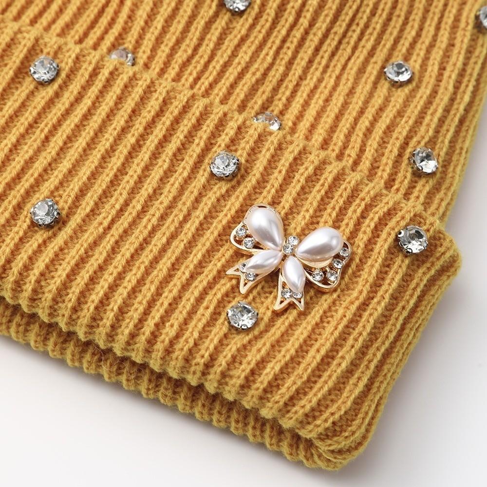 Solid Color Crystal Pearl Bow Beanie Elastic Pullover Hat Casual Knit Hat Women
