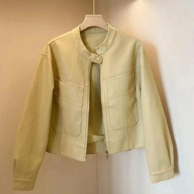 Корейская версия женской мотоциклетной кожаной куртки с нерегулярным круглым вырезом и большим карманом, новая короткая