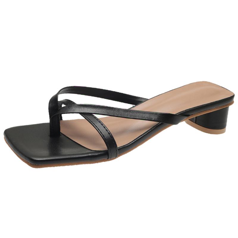 Fashion Gold Silver Clip Toe Middle Heels Sandals Women Fashion Pu Leather Square Toe Slides Woman Summer 2024 Thick Heel Sandals Female