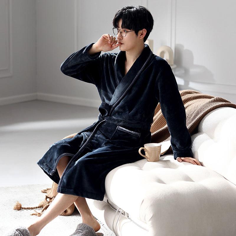 Мужская зимняя ночная рубашка из кораллового флиса, теплая флисовая утолщенная фланелевая роба средней длины, мужская зимняя пижама, халат