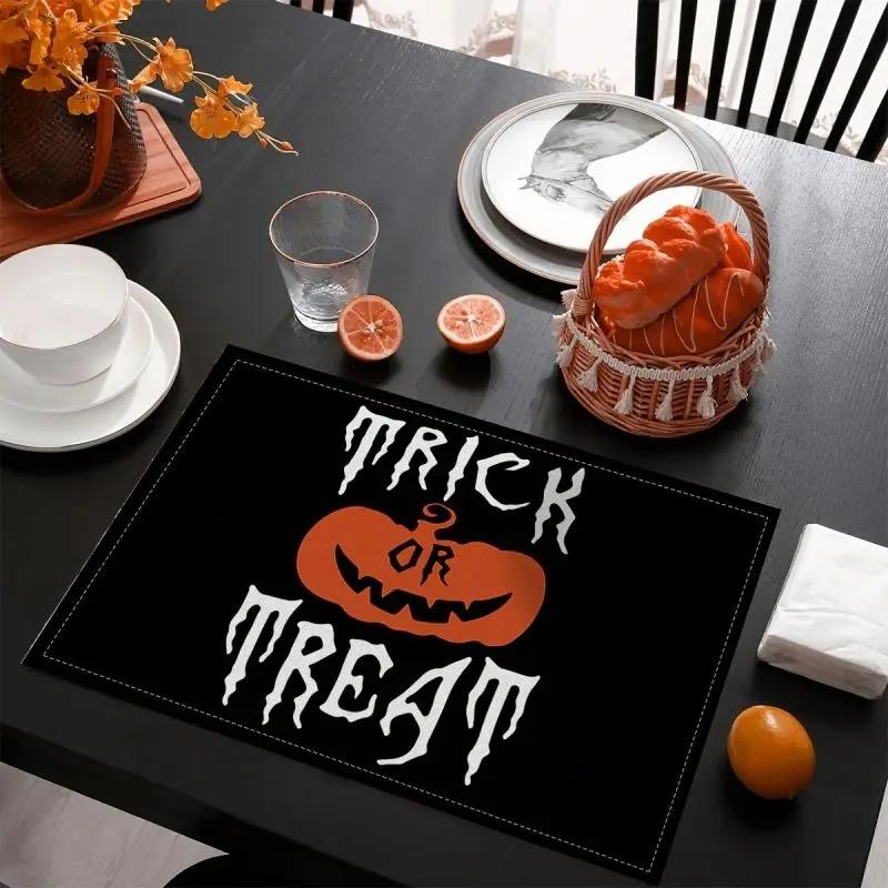 1PC Halloween Table Linen Dining Mats Coasters Orange and Black Pumpkins Non Slip Heat Resistant Kitchen Placemats