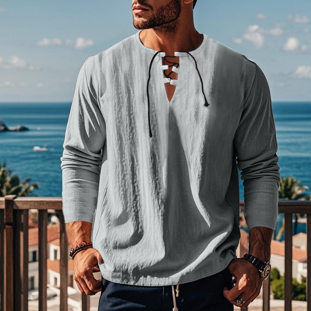 Мужская свободная футболка с V-образным вырезом и длинным рукавом, однотонная хлопковая конопляная пляжная рубашка с воротником