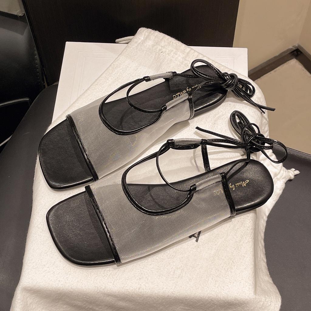 Французские нишевые дышащие сетчатые сандалии с открытым носком на плоской подошве женские летние 2025 новые ремешки повседневные пляжные римские туфли