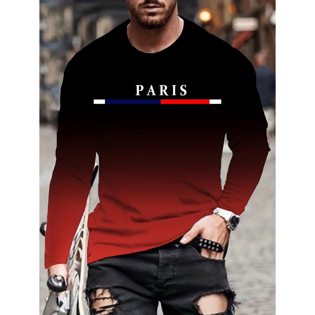 Men Gradient Paris Graphic Print T-shirt, Casual Long-sleeved Round Neck T-shirt, Men's Outdoor Clothing Spring And Autumn Wear