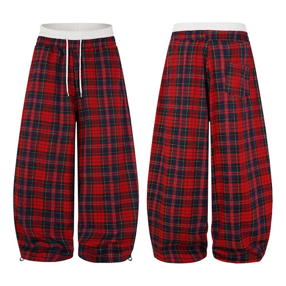 American retro lazy wind drawstring red plaid pants spring and autumn new men's and women's loose wide-leg pants