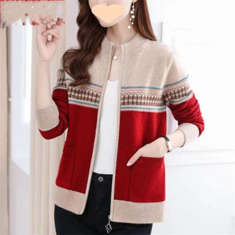 Spring and Autumn Style Color Blocked Small Coat Lady Sweaters Simplicity Printing Patchwork Pocket Zipper Casual Loose Long Sleeve Women's Clothing