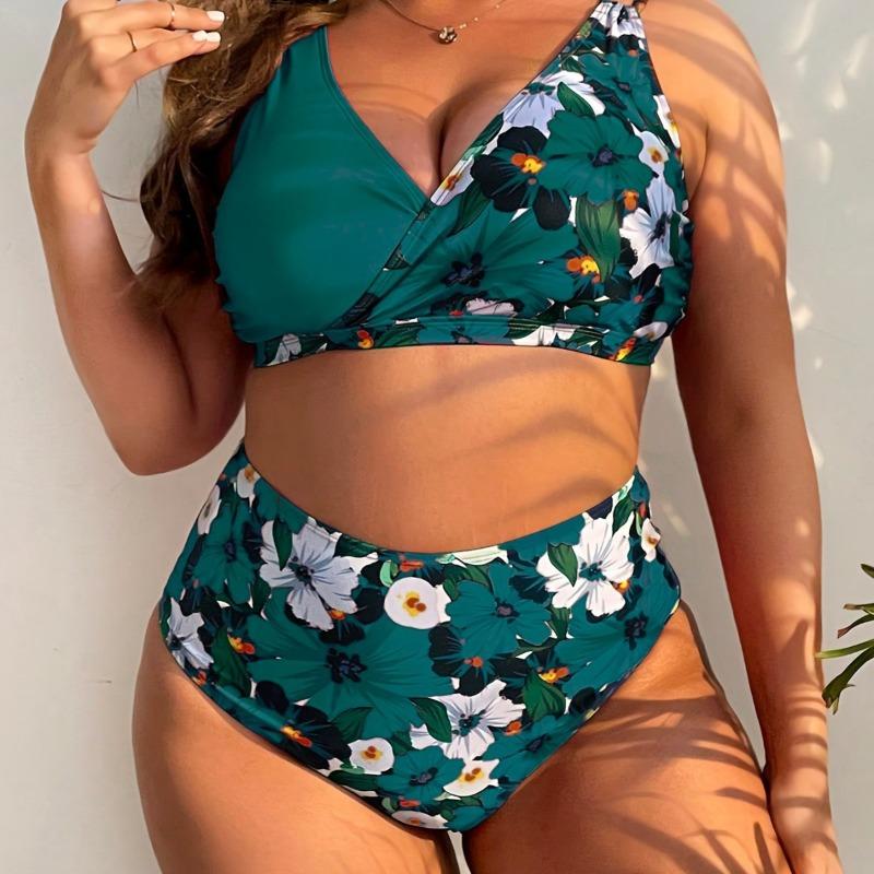 Europe and The United States New Women's Large Size Split Bikini Digital Printing Gather Fashion Swimsuit