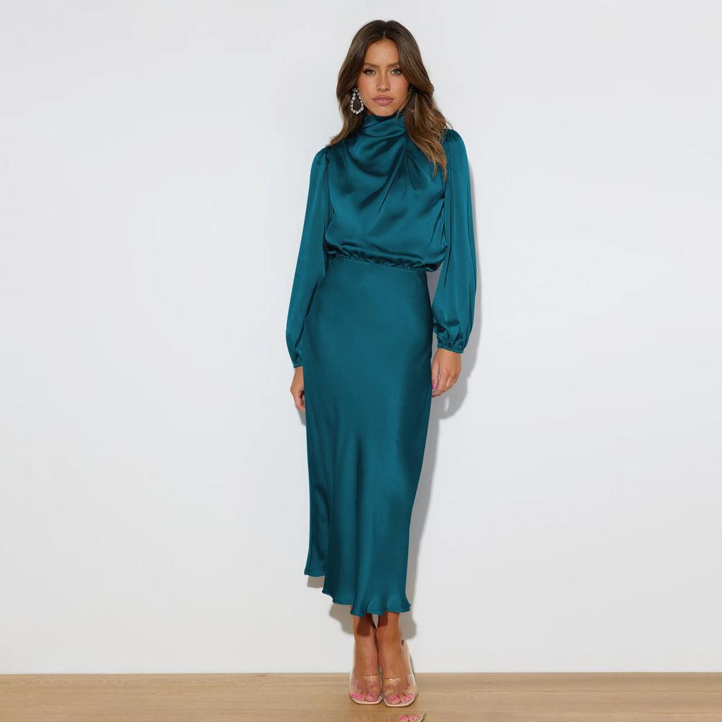 Женское весеннее вечернее платье с длинным рукавом-фонариком, элегантное длинное платье трапециевидной формы с бретелькой на шее и высокой талией, сплошной цвет