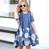 Girls Floral Blue and White Flowers Print Dresses Kids Girl Party Off Shoulder Dress Princess Dress Short Sleeved Dress Over Four Years Old