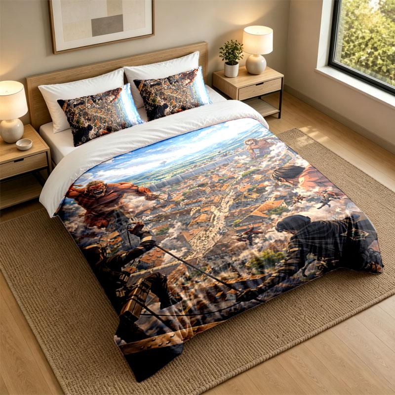 3Pcs Bedding SetAttack on Titan Soft Bed Sheet and Two Pillowcases Home Bedroom Decor