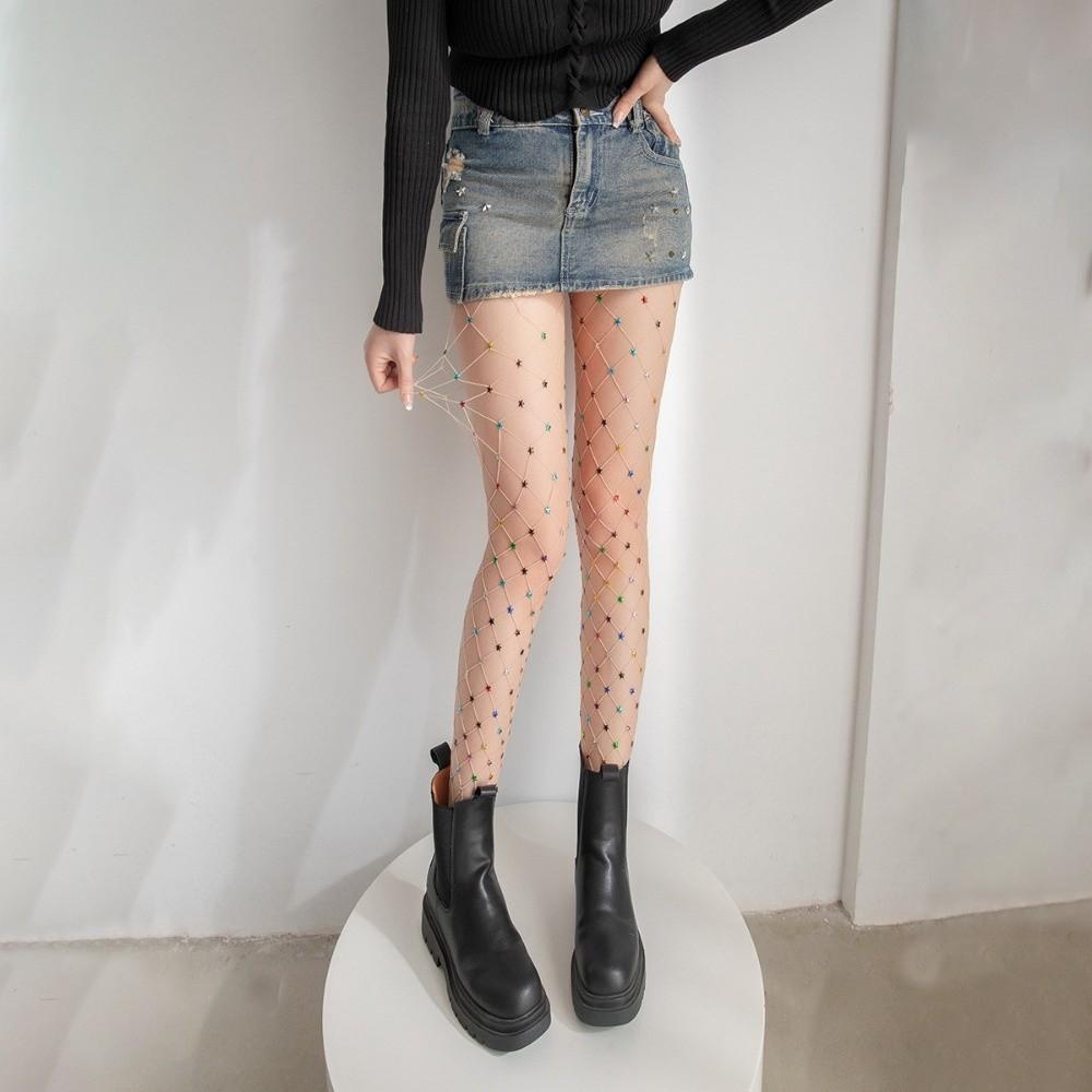 Y2K Rhinestone Star Pantyhose Large Mesh See-through Tights Colorful Fishnet Stockings Girls