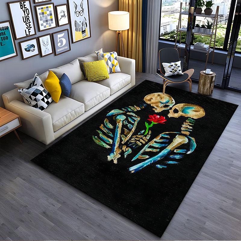 Skeletons with Red Rose Artwork suitable as a non-slip mat for the living room or bedroom sofa