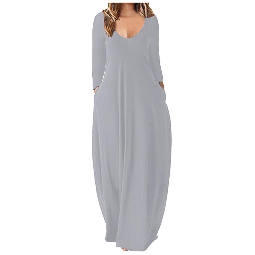 Женское повседневное свободное однотонное длинное платье сексуальное платье с глубоким V-образным вырезом и длинным рукавом
