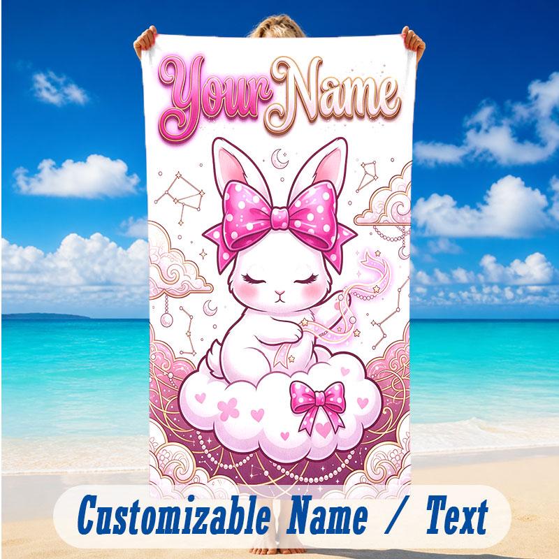 Easter Bunny Theme Beach Towel Personalized Custom Name & Text Soft Quick Dry Beach Towel for Swimming Travel