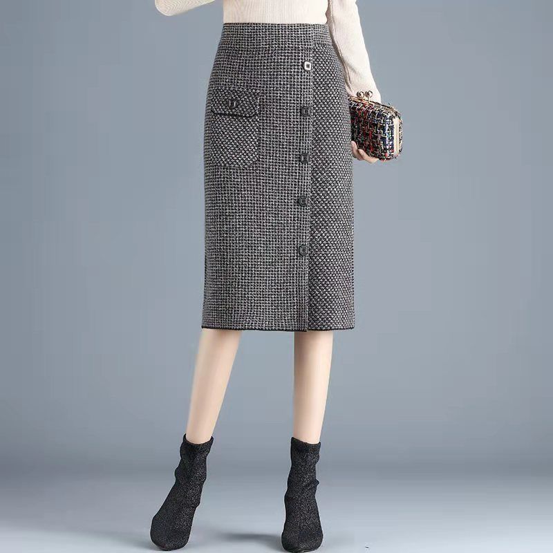 Осенне-зимняя женская трикотажная юбка с узором «гусиные лапки» Женская юбка с высокой талией, юбка на один шаг