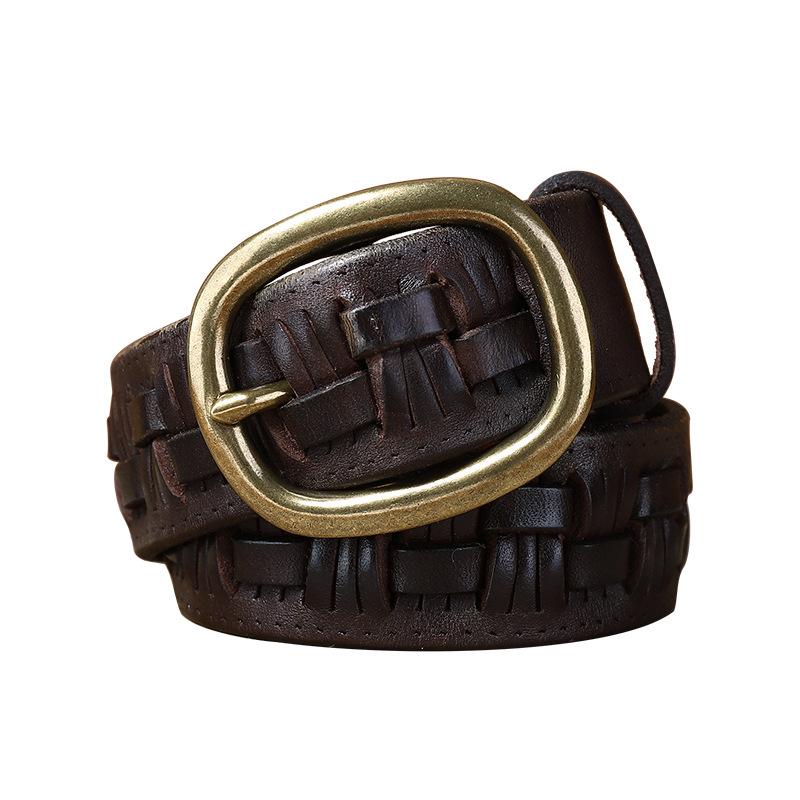 New First-Layer Cowhide Hand-Woven Belt Men'S Leather Pin Buckle Retro Trend Personalized Woven Jeans Belt